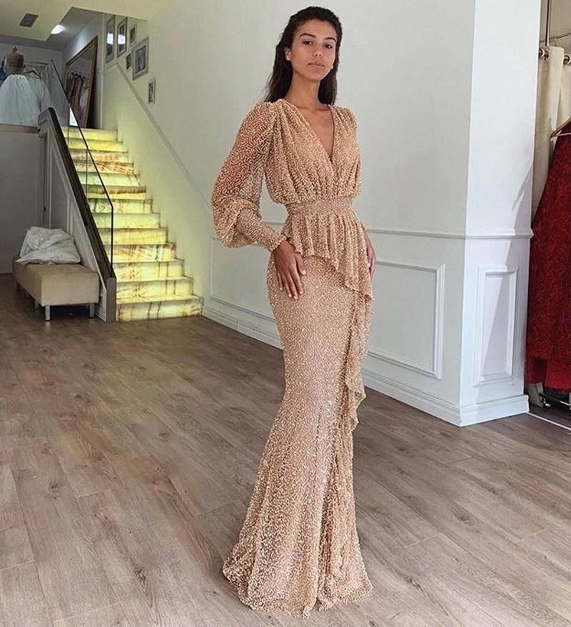 

Long Sleeve Gold Sequined Mermaid Arabic Dubai Prom Dresses For Women 2022 Evening Dress Party Gowns Plus Size Abendkleider robe de soiree, Same as picture