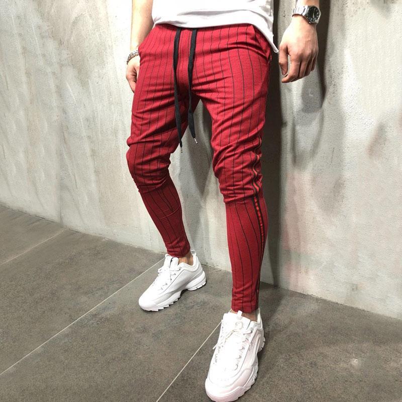 

Men's Fashion Skinny Pants Spring Casual Vertical Stripes Red Black Army Green Slim Pants Lacing Personality Jogging Trousers