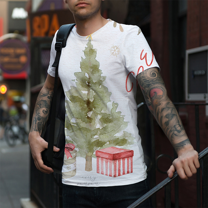 

Men's small clear Christmas tree gift box printing pattern 3D printing fashion Christmas short-sleeved breathable daily street shooting, White;black