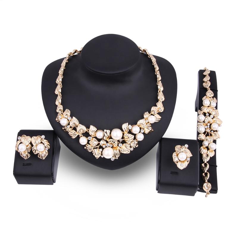 

Earrings & Necklace 4Pcs Flower Leaves With Pearls Bracelet Ring Jewelry Set, As pic