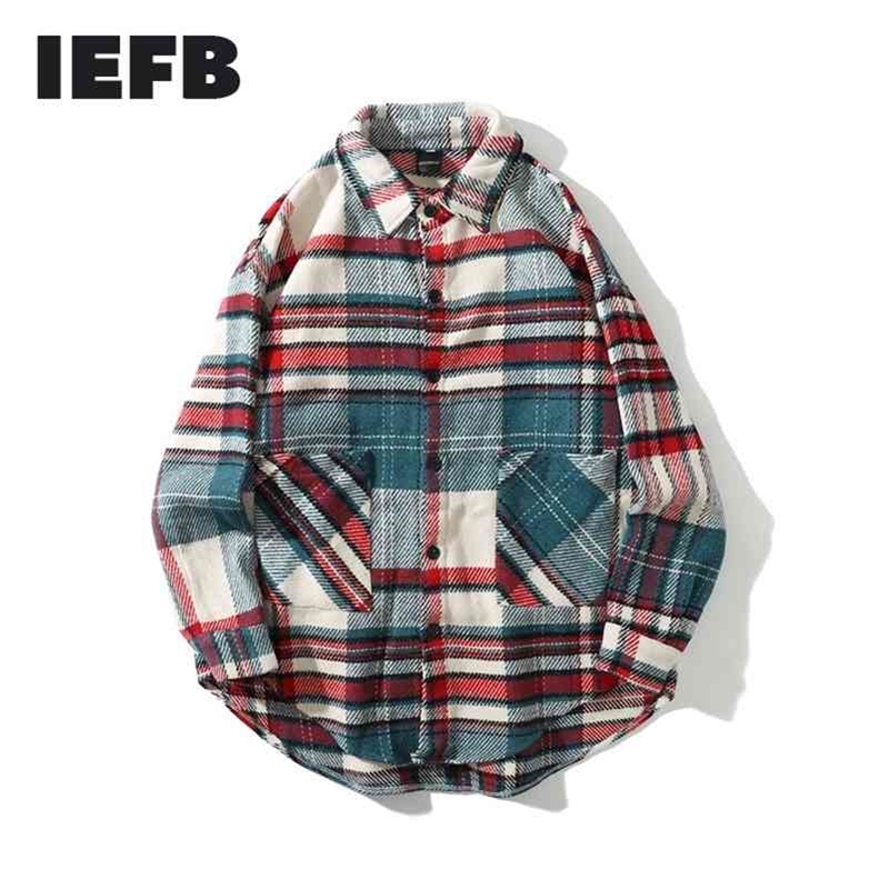 

IEFB /Vintage men' cltohing Spring Red Blue Lattice Woolen Shirt for Male Oversize loose tops men and women 9Y1 210629, Red 623