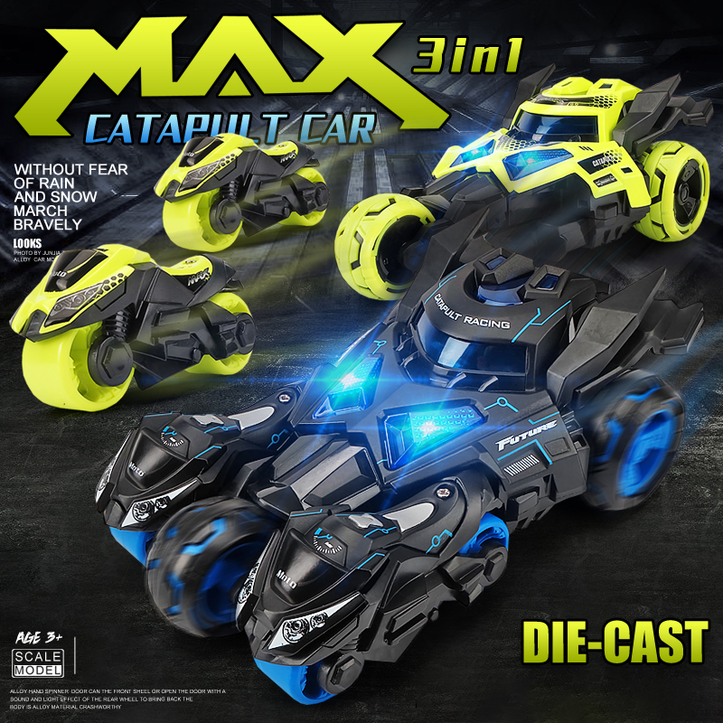 

Catapult chariot alloy childrens toy car pull back car three-in-one motorcycle deformation car sound and light model boy gift, Blue