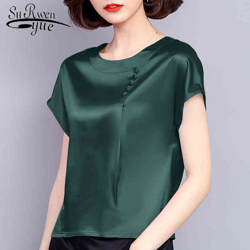 

silk women blouse short sleeves shirt fashion summer clothing tops solid casual o-neck female blouses 0425 40 210521, Dark green