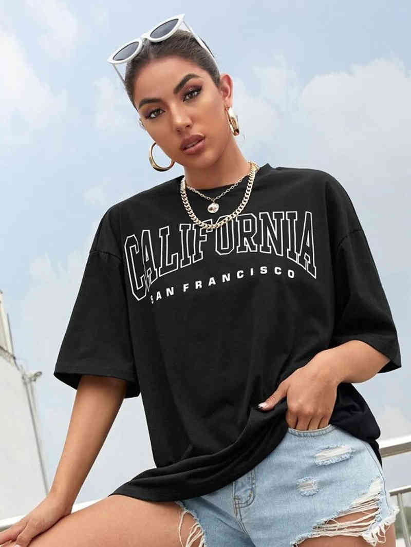 

California San Francisco Letter Print Women Tumblr Cute Tee Graphic Tops Summer Y2K Streetwear Oversized T Shirt 210518, Black t shirt