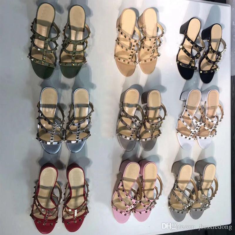 

design Leather Sandals Slingback Pumps Ladies Sexy High Heels Women's Shoes Fashion Flat heel Riveted beach woman slippers Large size 4, Black