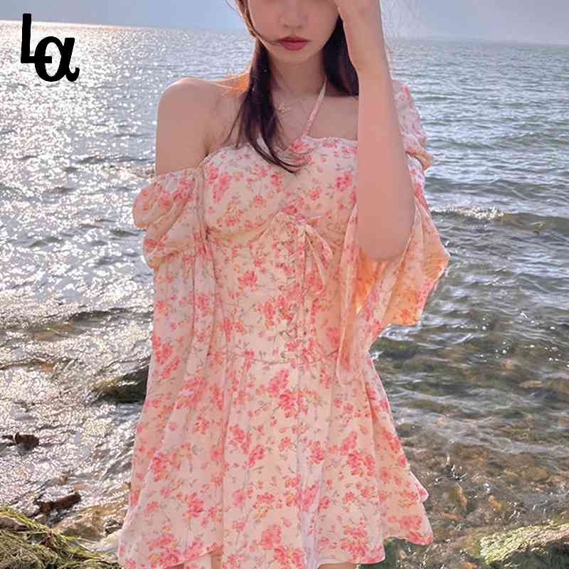 

Design Elegant Floral Dress Women Casual Chiffon Vintage Mini Y2k Beach Party Korean Summer 210519, Red