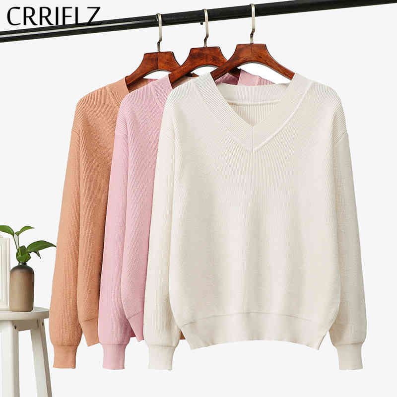 

Loose Plus Size Knitted Sweater Women Autumn Winter Casual Thick Solid V-neck Pullovers CRRIFLZ 210520, Red