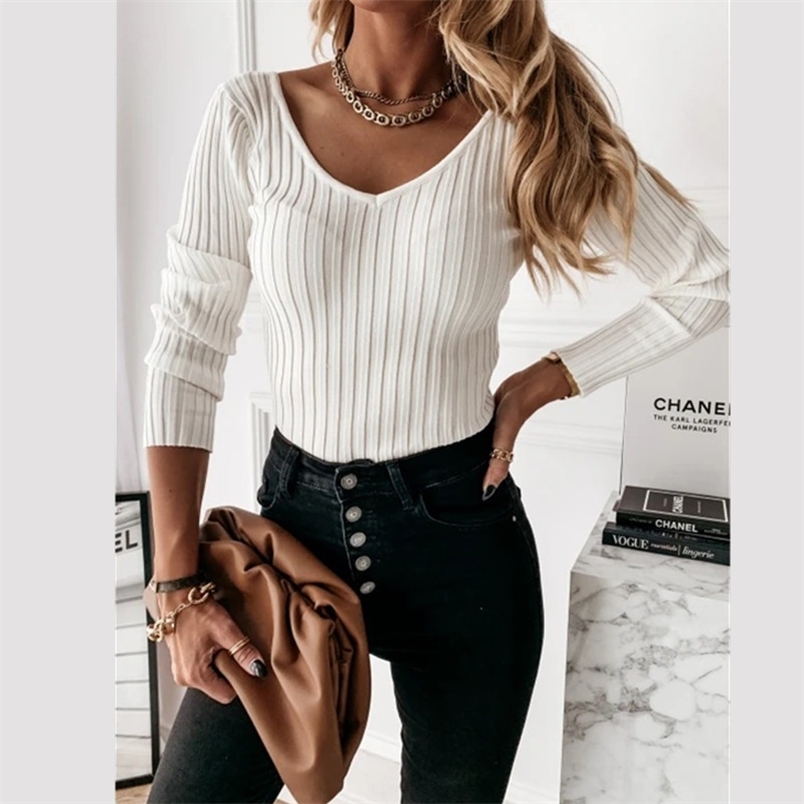 

Autumn Winter Tshirt Long Sleeve Work Wear Women Tee Shirts Casual Knit Tops Ladies Solid Color V Neck White Black Tshirts 210517