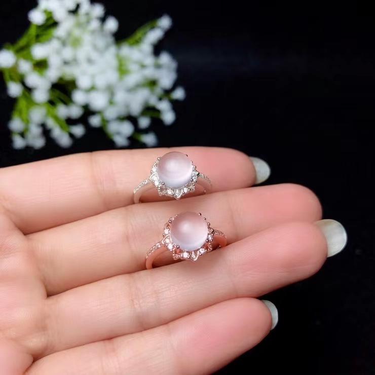 

Cluster Rings Pink Rose Quartz Ring For Women Silver Jewelry Round Natural Gem Soft Color Birthday Anniversary Gift Birthstone Lucky Stone