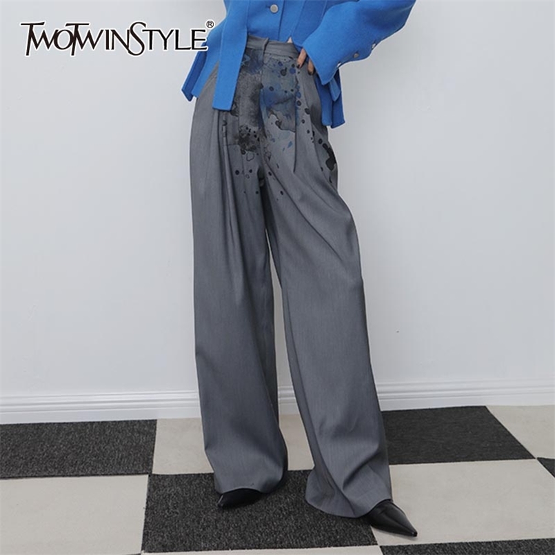 

Print Ruched Wide Leg Pants Women High Waist Casual Loose Full Length Trouser For Female Fashion Clothing 210521, Gray