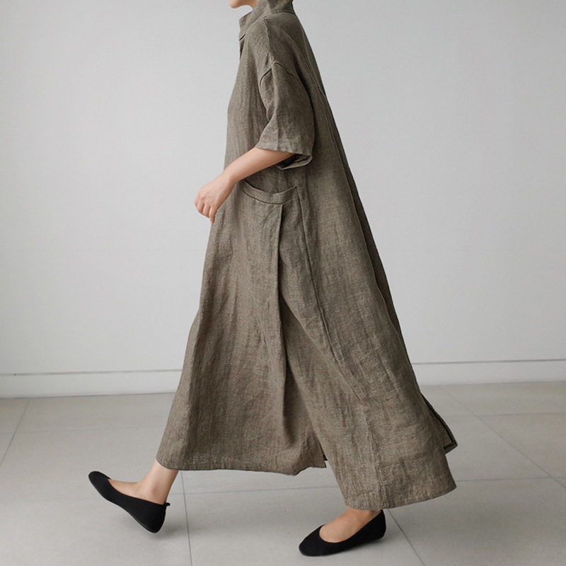 

Johnature Women Vintage Cotton Linen Dresses V-Neck Solid Color Robes 2021 New Summer Short Sleeve Pockets Female Loose Dresses, Beige