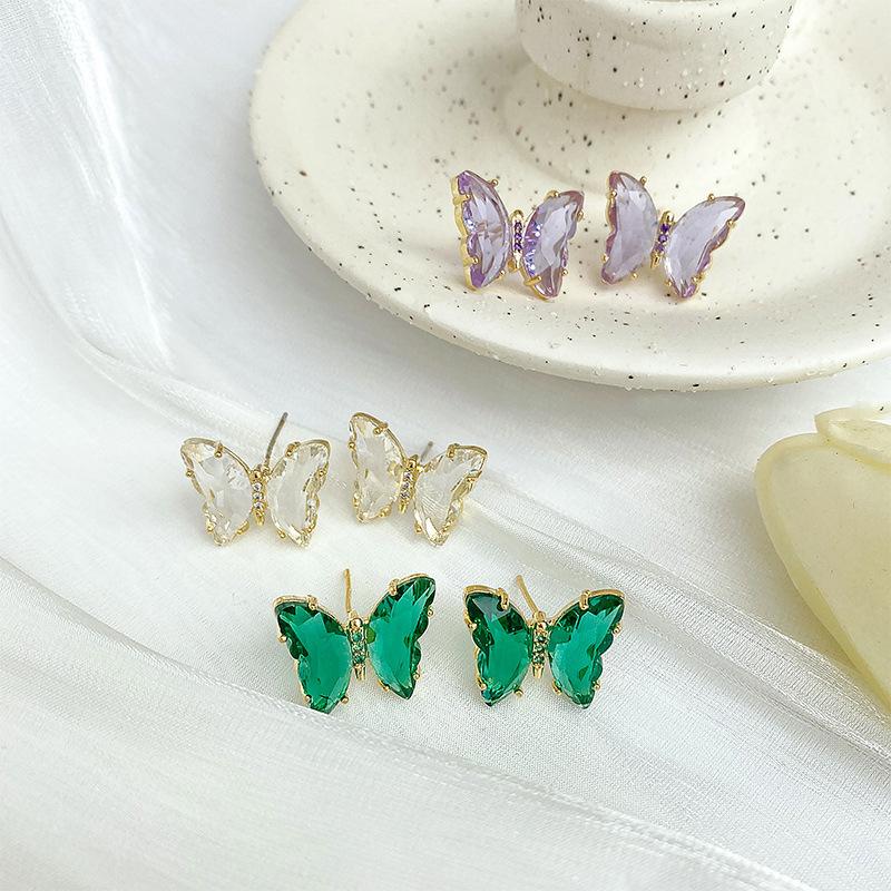 

Stud Explosive Earrings Super Fairy Transparent Butterfly Temperament Simple Crystal, Golden;silver