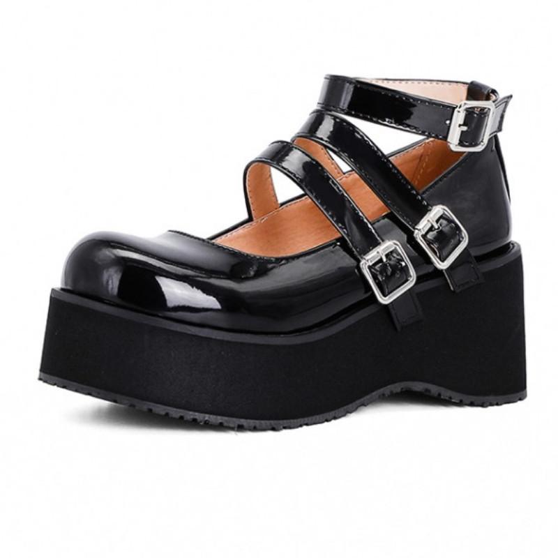

Dress Shoes Fanyuan 2021 PU Patent Leather Buckle Platform Women Wedge High Heels Spring Retro Round Toe Female Pumps Big Size 34-48, Black