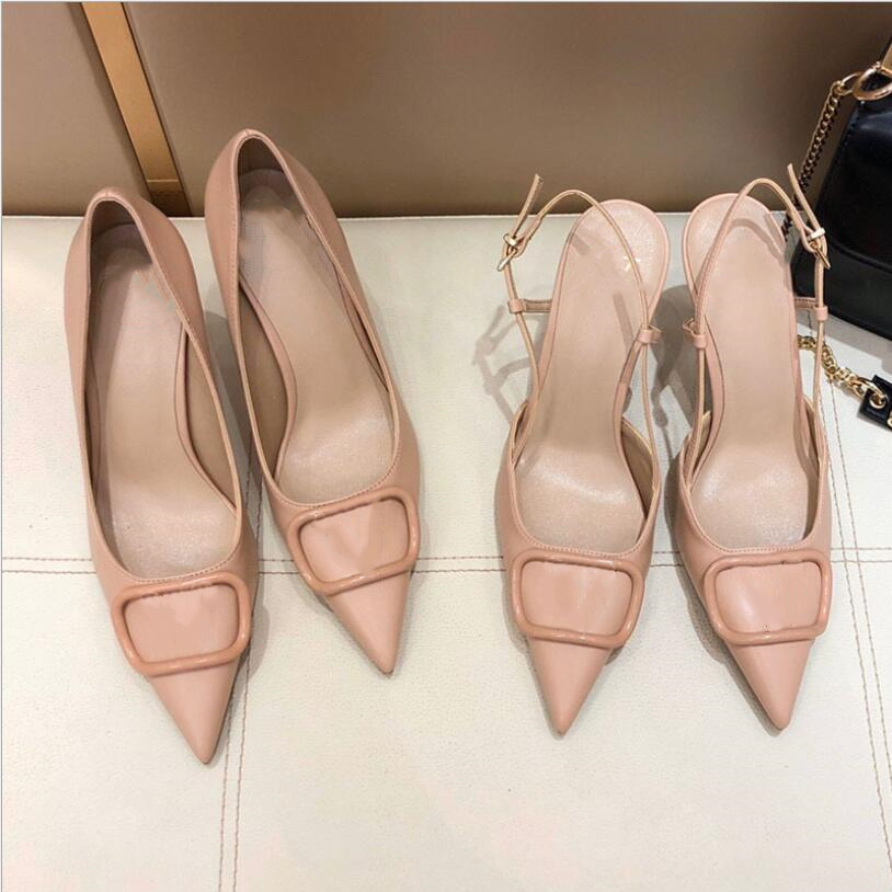 

Luxury Designer Brand V Buckle Rivet Slippers High Heels Women Gladiator Sandal 2021 Fashion Pointed Shallow Wedding Dress Shoe Single Shoes, Black