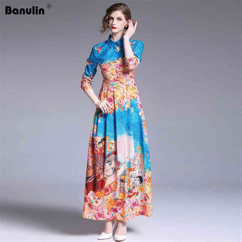 

Runway Designer Maxi Dress Women Robe Longue Femme Summer Shirt Work Casual Beauty Printing Sleeve es 210603, The picture color