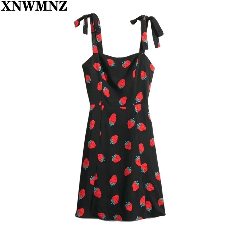 

Holiday Vintage party dress Strawberry Print Adjust Spaghetti straps women chic Slim vestido es for 210520, Black