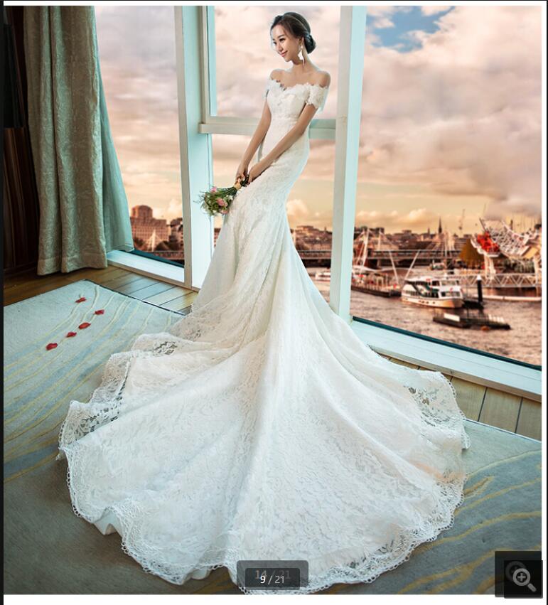 

2021 latest style white lace mermaid wedding dress off the shoulder short sleeve v neck court train sexy bridal gowns curvy shape bride dresses custom made, Same as image