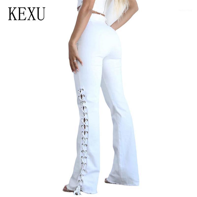 

White Sexy Lace Up On The Side Hollow Out Flare Jeans Women High Waisted Zipper Streetwear Skinny Denim Trousers Women
