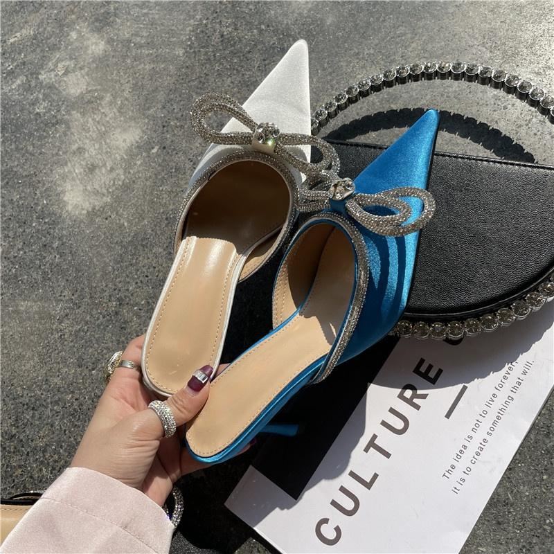 

Slippers 2021 Summer Rhinestone Bow High Heel Sandals Sequined Silk Closed Toe Back Empty Banquet Women's, Black