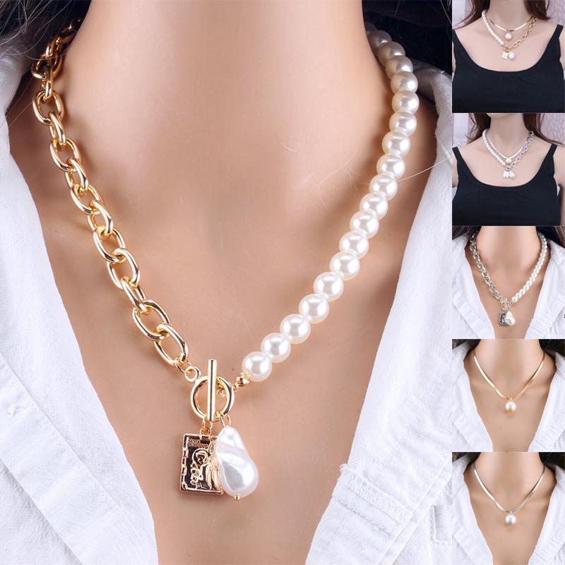 Pendant Necklaces 1PCS Women's Retro Style Copper Snake Chain Necklace Imitation Pearl Square Set S78-image-721292292