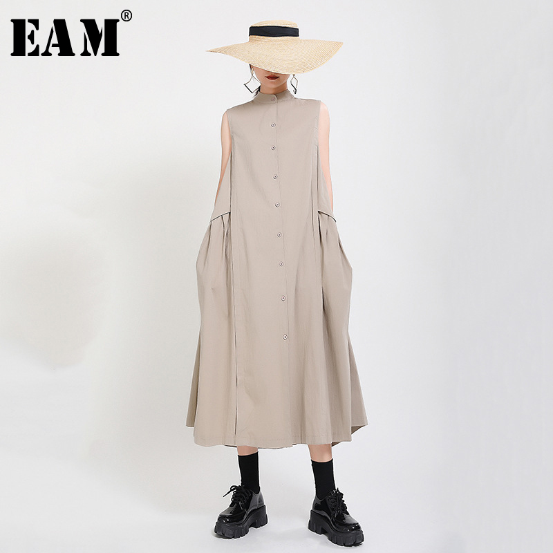 

EAM Women Khaki Split Pleated Long Dress New Stand Collar Sleeveless Loose Fit Fashion Tide Spring Summer 2021 1Y353, Black