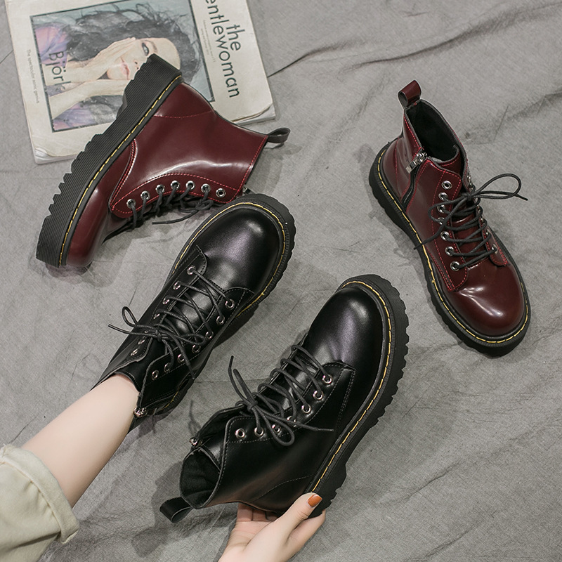 Boots Winter Fashion Women's Lace Up Calf Round Head Martin Black PU Women Zipper Ankle JIIS