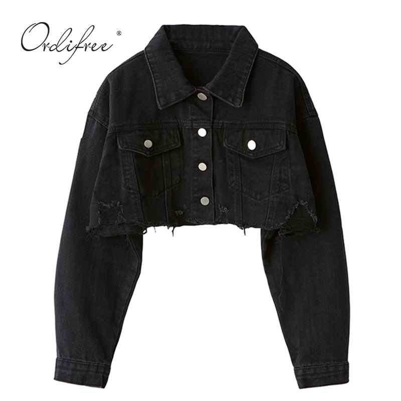 

Ordifree Autumn Women Denim Jacket Fashion Streetwear Casual Loose Outwear Black Short Ripped Jeans Coat