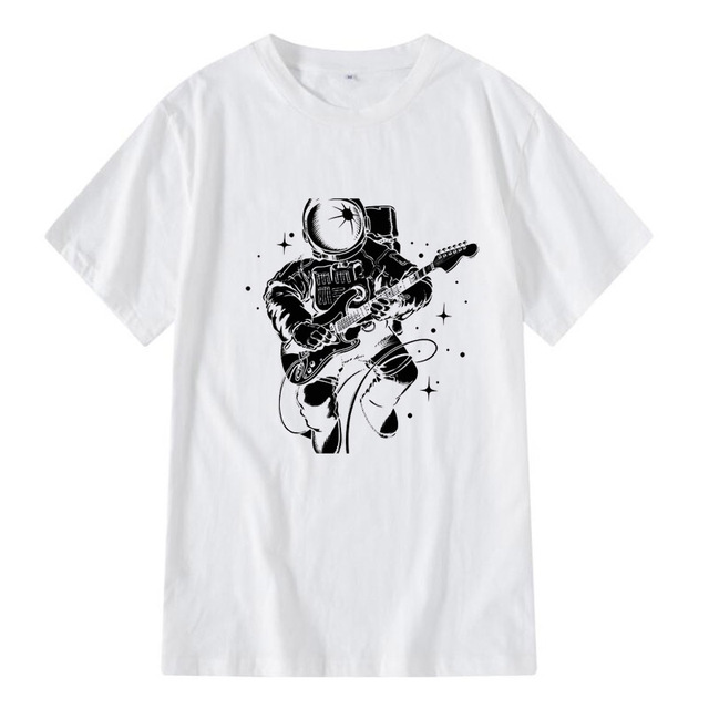 

Men's Casual Short Sleeve T-Shirt Funny astronaut plays guitar print menTshirt o-neck t-shirtS men, White