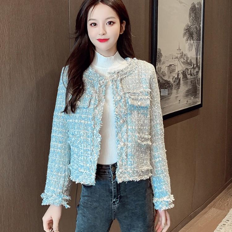 

Women Elegant Tweed Outerwear Spring Round Neck Single Breasted Blends Wool Female Long Sleeve Jacket Coat Women' Jackets, Photo color