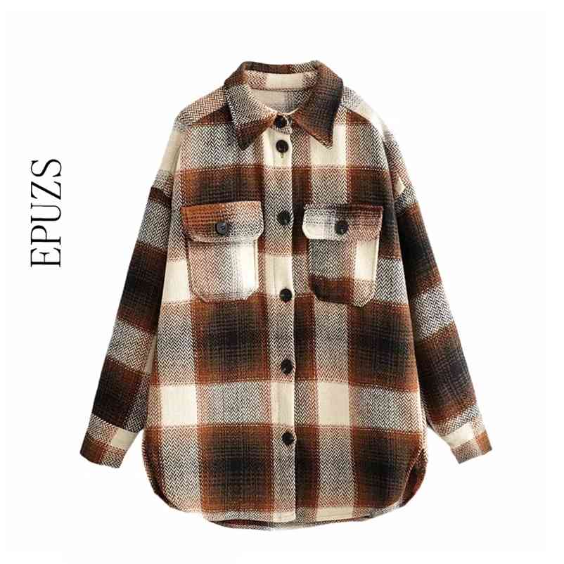

Vintage Chic Patchwork Plaid Jacket women Oversized Pockets Turn-Down Collar coats and jackets Casual outwear Streetwear 210521, Khaki