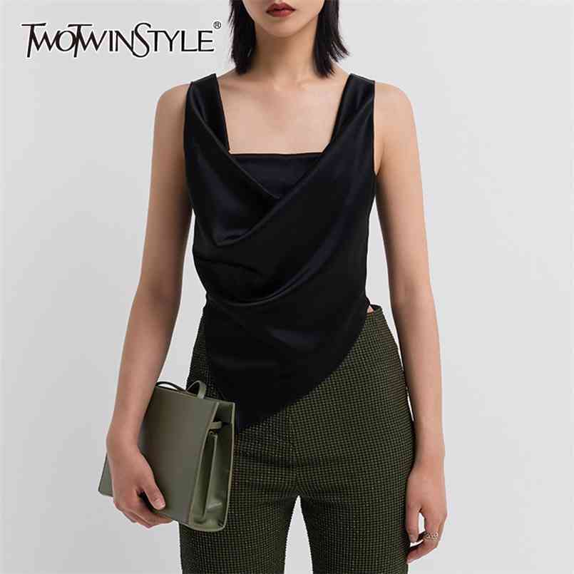 

Asymmetrical Slim Vest For Women Square Collar Sleeveless Ruched Sexy Casual Vests Female Fashion Clothing 210524, White