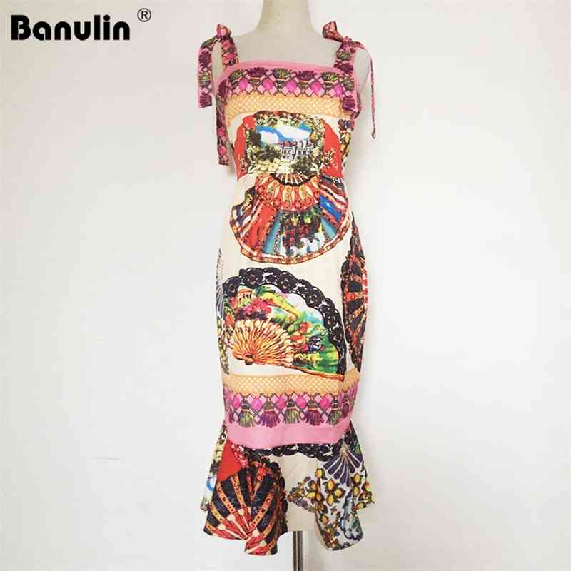 

Banulin Women's Sleeveless Floral Print Bodycon Mermaid Dress Summer Runway Spaghetti Strap Short Female Vestidos 210603, Pink