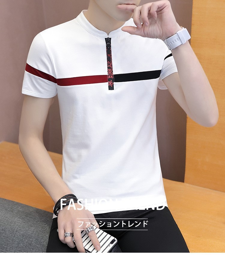 

Mens Designer T Shirts Stripe Print V Neck Tees Fashion Zipper Short Sleeve Clothing Mens Casual Tops, White;black