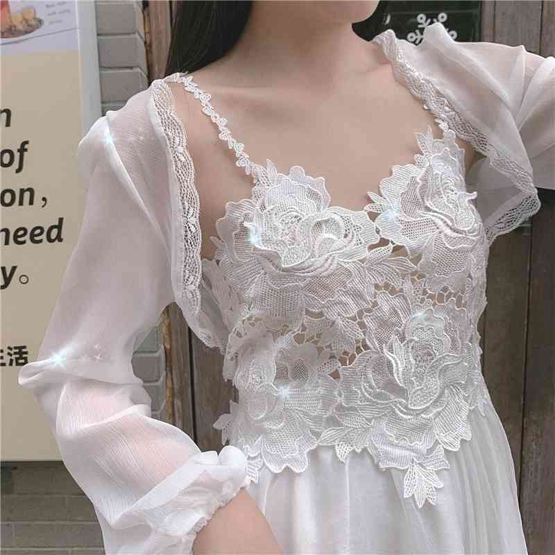 

WOMENGAGA Sweet Petals Lace Mesh Lantern Sleeve Chiffon Short Sunscreen Cardigan Women's Summer Tops Blouse Shirt QM5 210603, Apricot