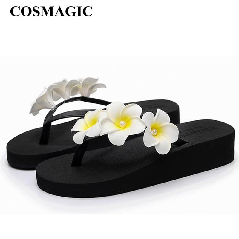 

Slippers COSMAGIC Women Summer Flip Flops 2021 Fashion Flower Sweet Beach Platform Handmade 3cm Heel Slide Shoe, Black
