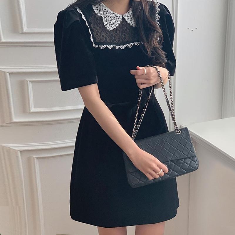 

Casual Dresses Slim High Waist Ruffled Lace Hollow Out Black Velvet Short Sleeve Dress Women Mini Doll Vestidos Temperament French Retro Hip, Black;gray