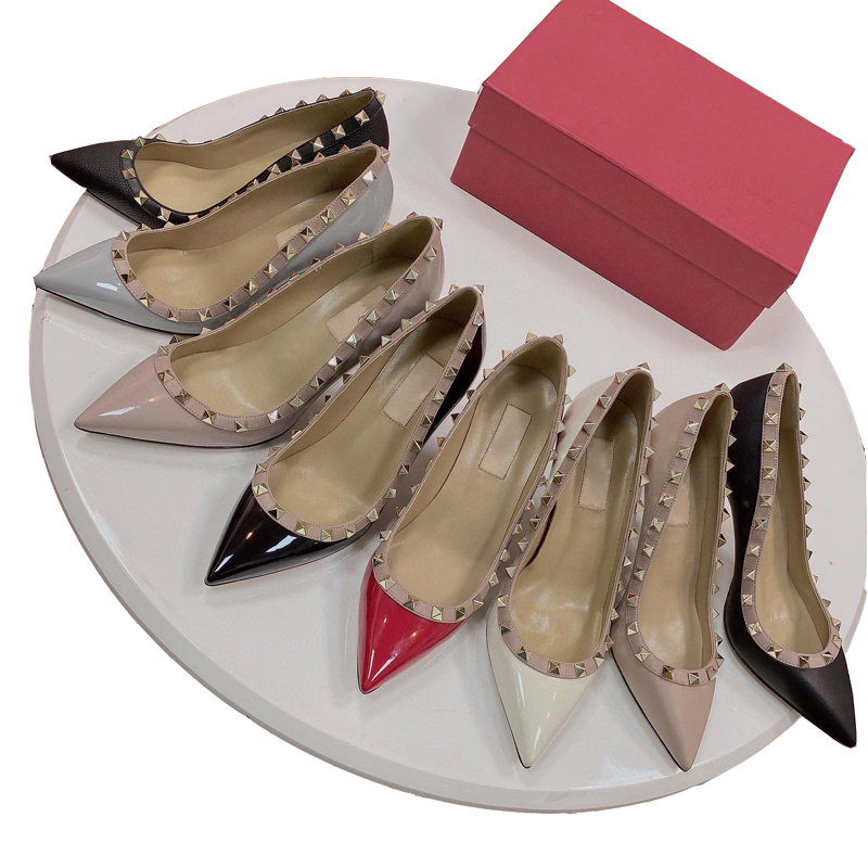 

New Luxury Designer 6.5cm 9cm High heel Rivets Shoes Women Studded Spikes Party Pointed Strappy Lady Dress Sandals Patent shiny matte leather Large Size 34-42 with box, Black/caviar leather