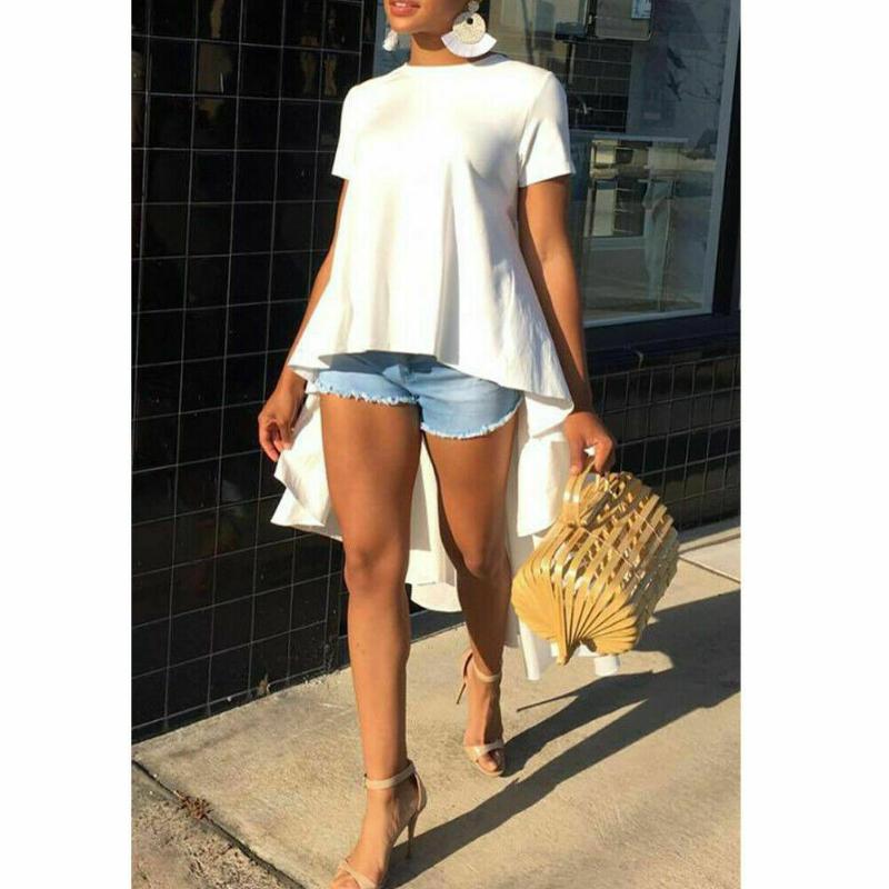 

Womens Casual Short Sleeve Shirt Ladies Summer Beach Loose Long Tail Tops Blouse Evening Party Club Wear Women' Blouses & Shirts, White