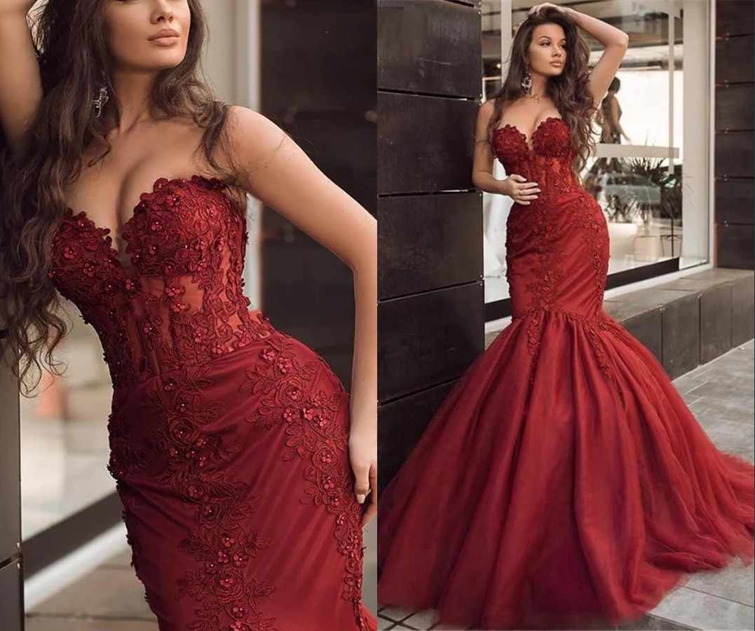 

Amazing Wine Red African Mermaid Prom Evening Dresses Formal Gowns See Through Waist Sweetheart Lace Tulle Beaded Sequins Bridesmaid Pageant Dresess, Same as image