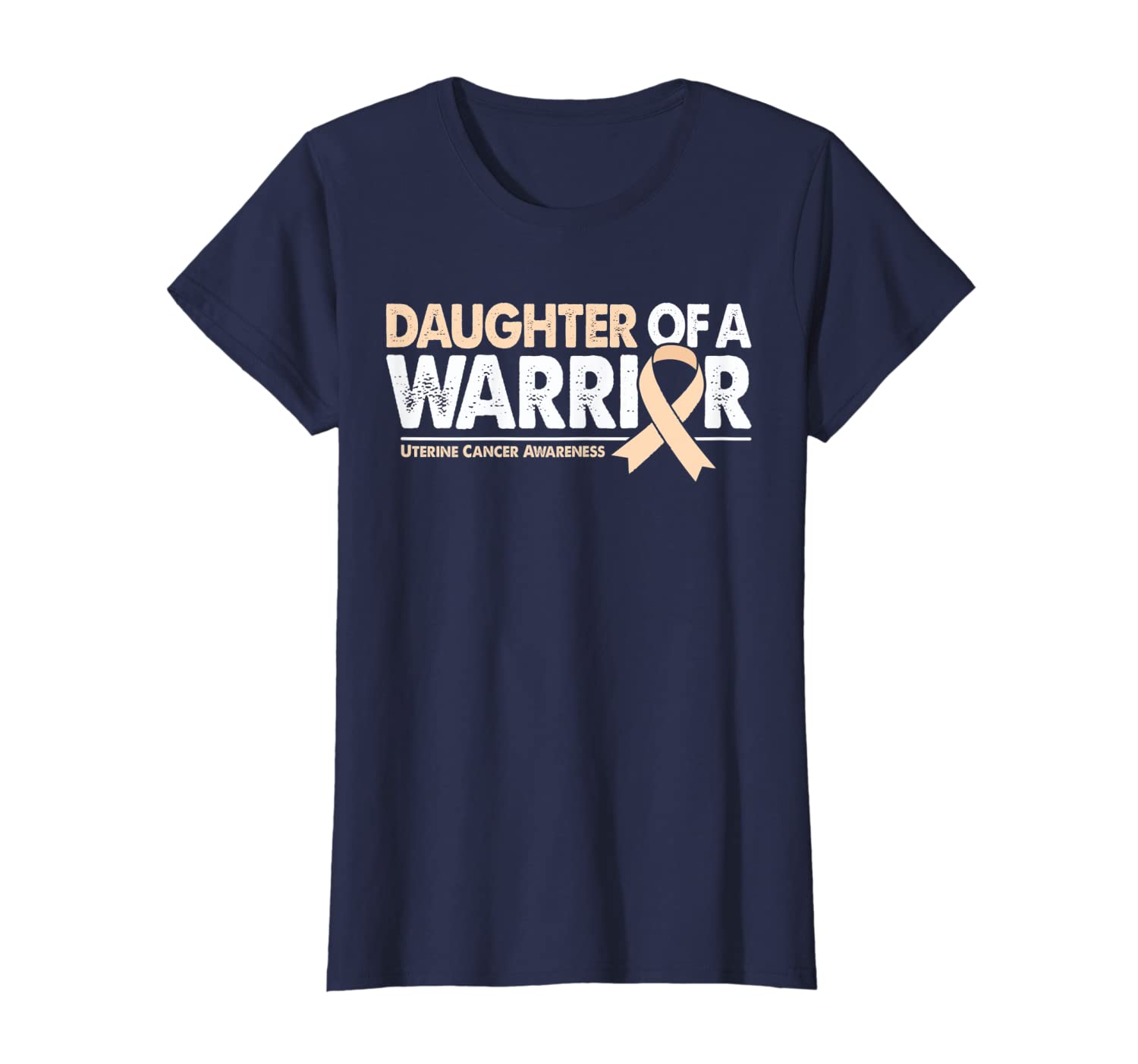 Womens Daughter of a Warrior Peach Ribbon Uterine Cancer Awareness T-Shirt-image-699566121
