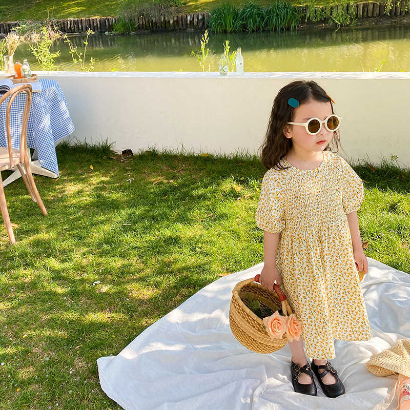 

Korean style baby girsl cute draped floral short sleeve dresses summer children cotton casual princess dress 210615, Red