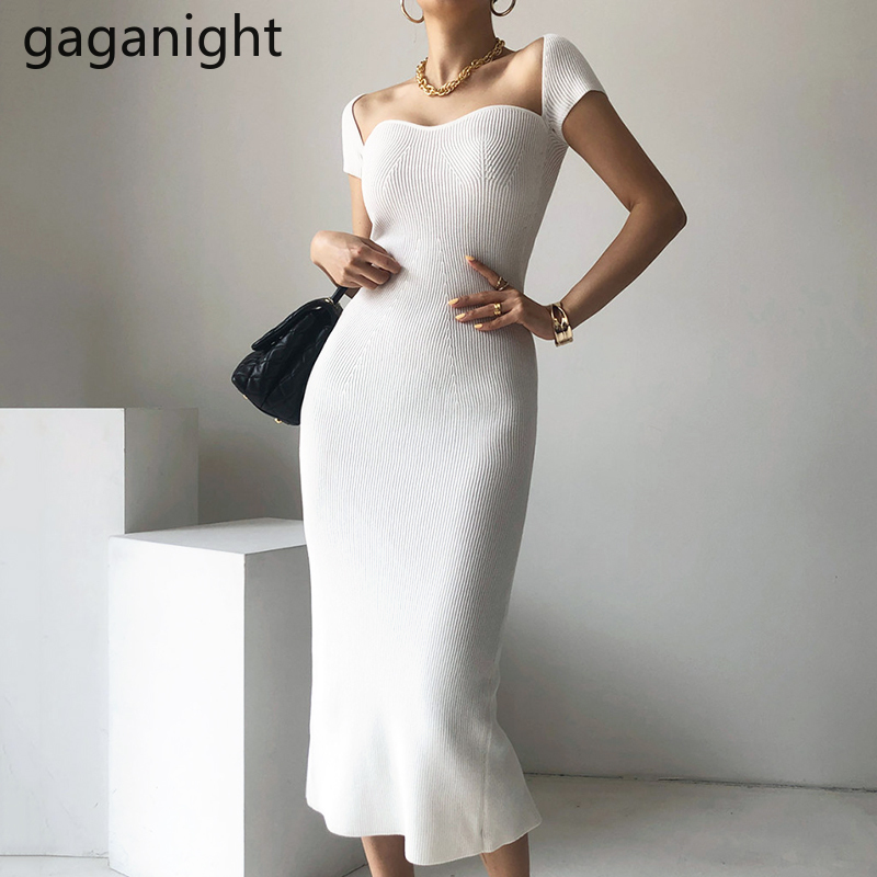 

Gaganight Ribbed Knitted Women Midi Dress Solid Short Sleeve Split Bodycon Dresses Sexy Party Club Wrap Dress Summer 210519, Black