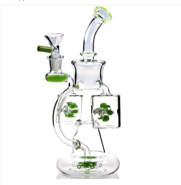 

Unique Glasses Bongs Hookahs Double Recycler Bong Propeller Spinning Perc Oil Dab Rigs Green 14mm Water Pipes Heady Glass Bowl 9.4''