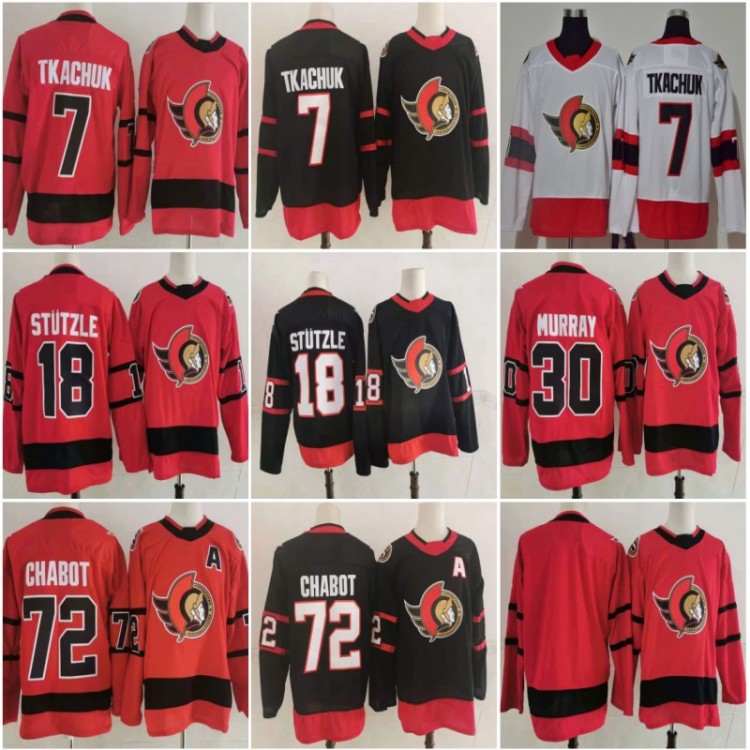 

72 Thomas Chabot Ottawa Senators 2021 Reverse Retro Hockey Jersey 7 Brady Tkachuk 18 Tim Stutzle 30 Matt Murray Stitched Red White Black, Black;red