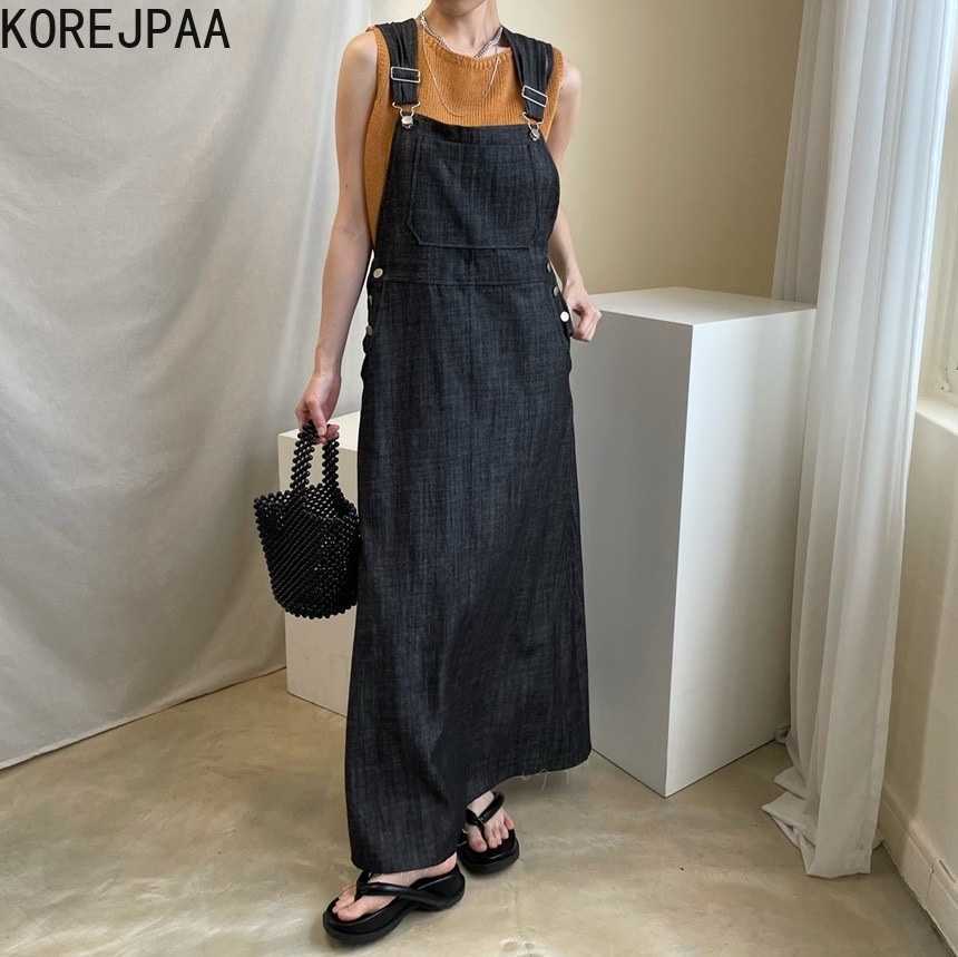 

Korejpaa Women Dress Summer Korean Chic Ladies Minimalist All-Match Large Pocket Design Side Metal Button Strap Vestidos 210526, White