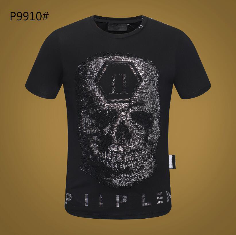 

PP Men's T-shirt Summer rhinestone Short Sleeve Round Neck shirt tee Skulls Print Tops Streetwear M-xxxL 9910, White