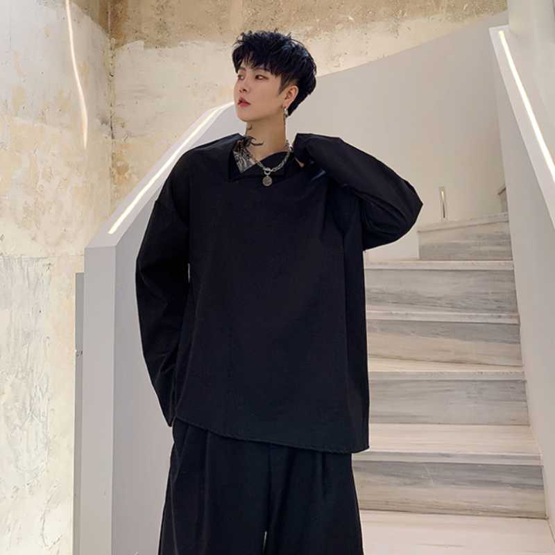 

Men's T-Shirts Long Sleeve T-Shirt Spring And Autumn Personality Asymmetrical Stand Collar Hip Hop Casual Loose Large Size, Black