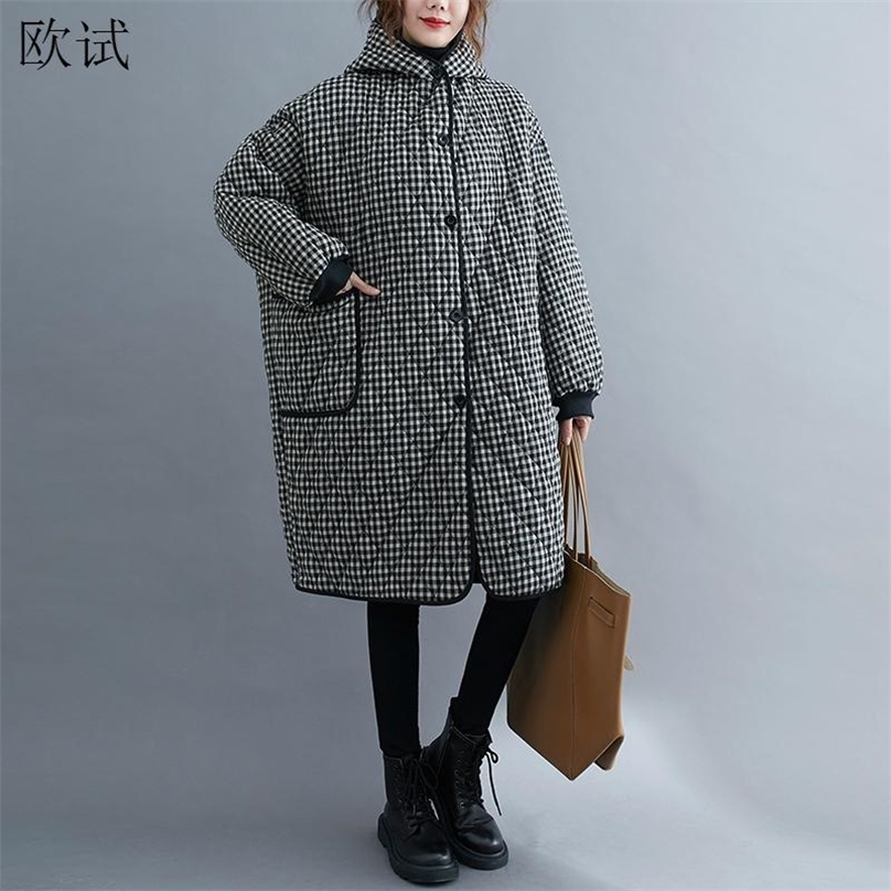 

Oversized Long Winter Hooded Jacket Coat Women Thicken Warm Plaid Cotton-padded Ladies Jackets and Coats Woman Outwear 211018, Black coat