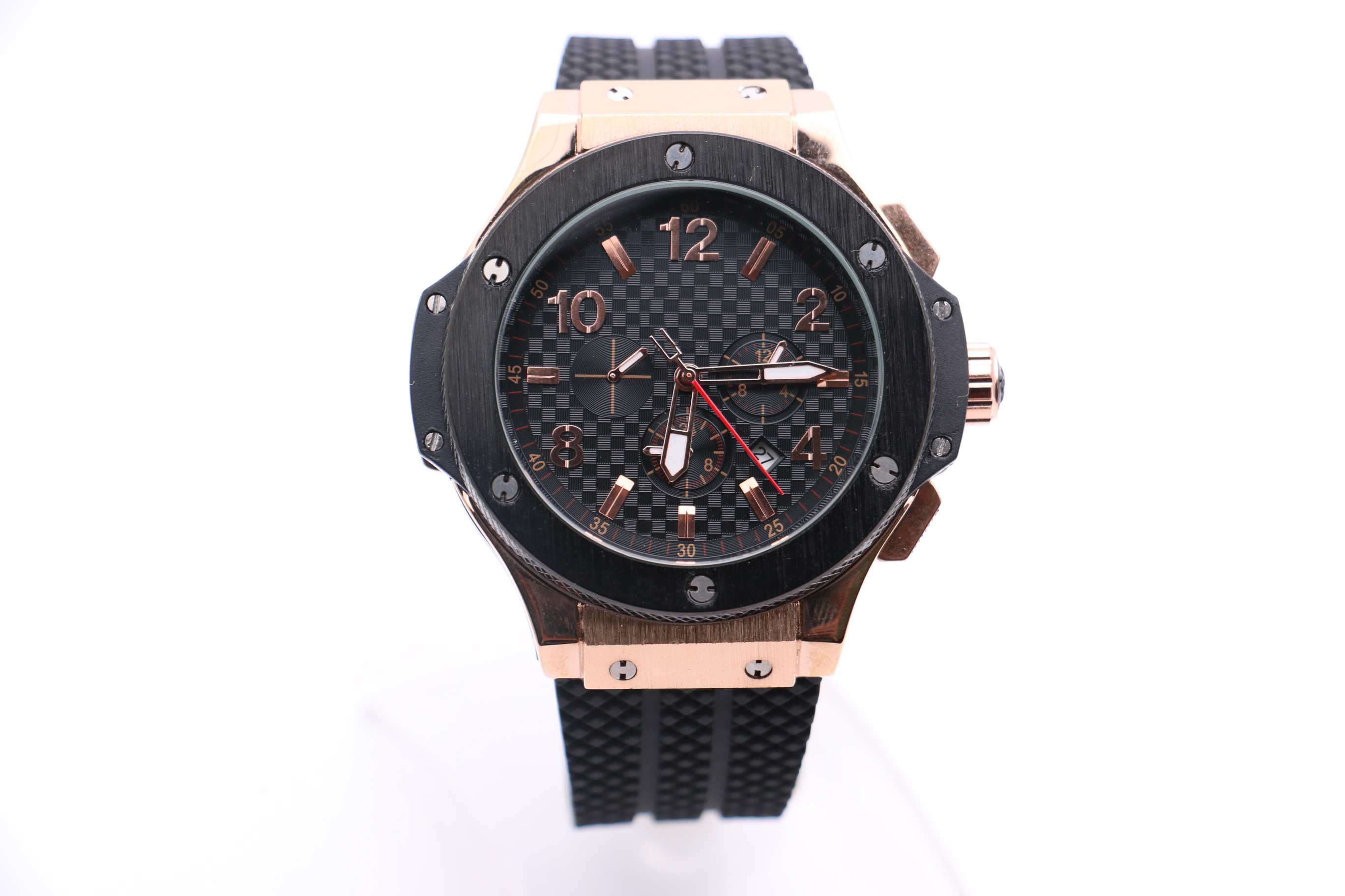 

Men's Mechanical Watch NX Modern Fashion Business Rose Gold Stainless Steel Case Rubber Strap Grid Cross Dial Red Six-Hand Multifunction Calendar, Multi-color