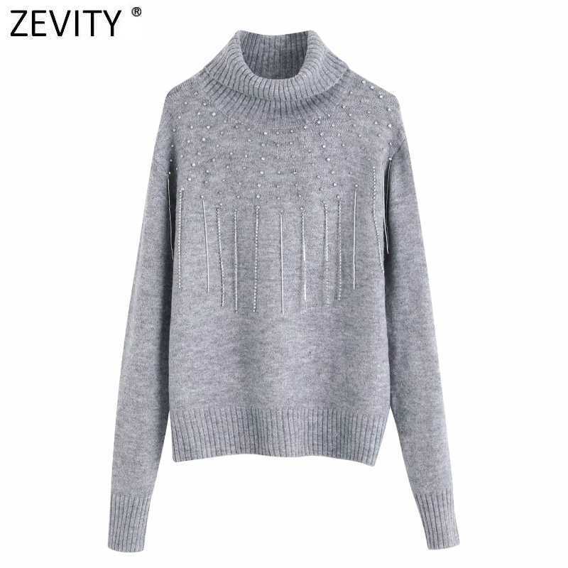 

Zevity Women Fashion Turtleneck Grey Knitting Sweater Femme Chic Man Made Diamond Tassel Decoration Pullovers Casual Tops S494 210603, As pic s494bb